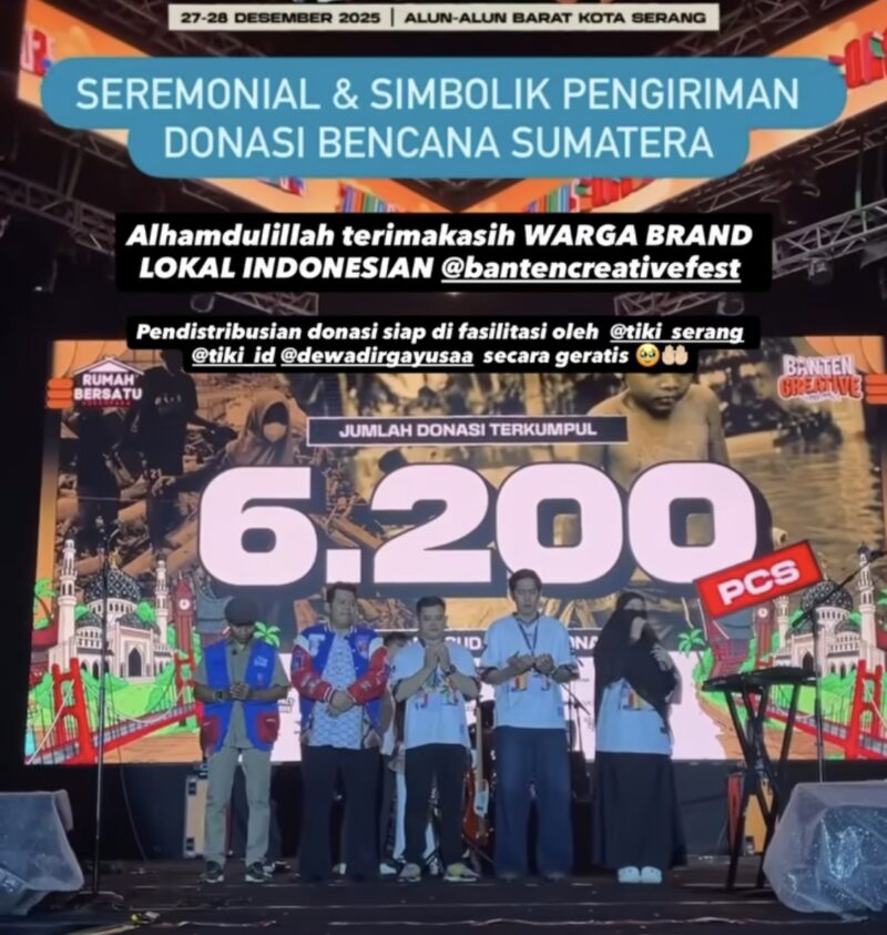 Seremonial dan Simbolik pengiriman donasi bagi korban bencana alam di Aceh dan Sumatera, dalam Gelaran Sound Of BCF 2025, Sabtu (27/12/2025) malam, di Alun-Alun Barat Kota Serang. (Foto: Official IG @soundofbcf)