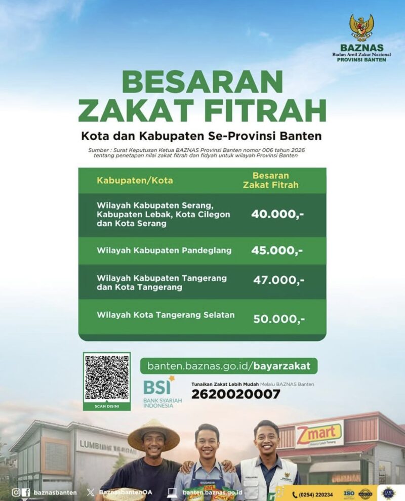 Rincian Nilai Zakat Fitrah 2026 di Banten. (Foto: Official Instagram @baznasbanten)